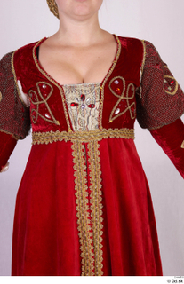  Photos Woman in Historical Dress 78 17th century decorated historical clothing lace red decorated dress upper body 0002.jpg